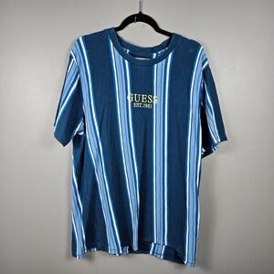 GUESS Mens XL Spellout Striped Logo T Shirt Blue White Cotton Crew Neck Tee
